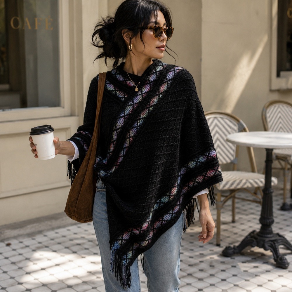 Black Diamond Cable Knit Poncho Rainbow Stripe Fringe Asymmetrical Wrap One Size